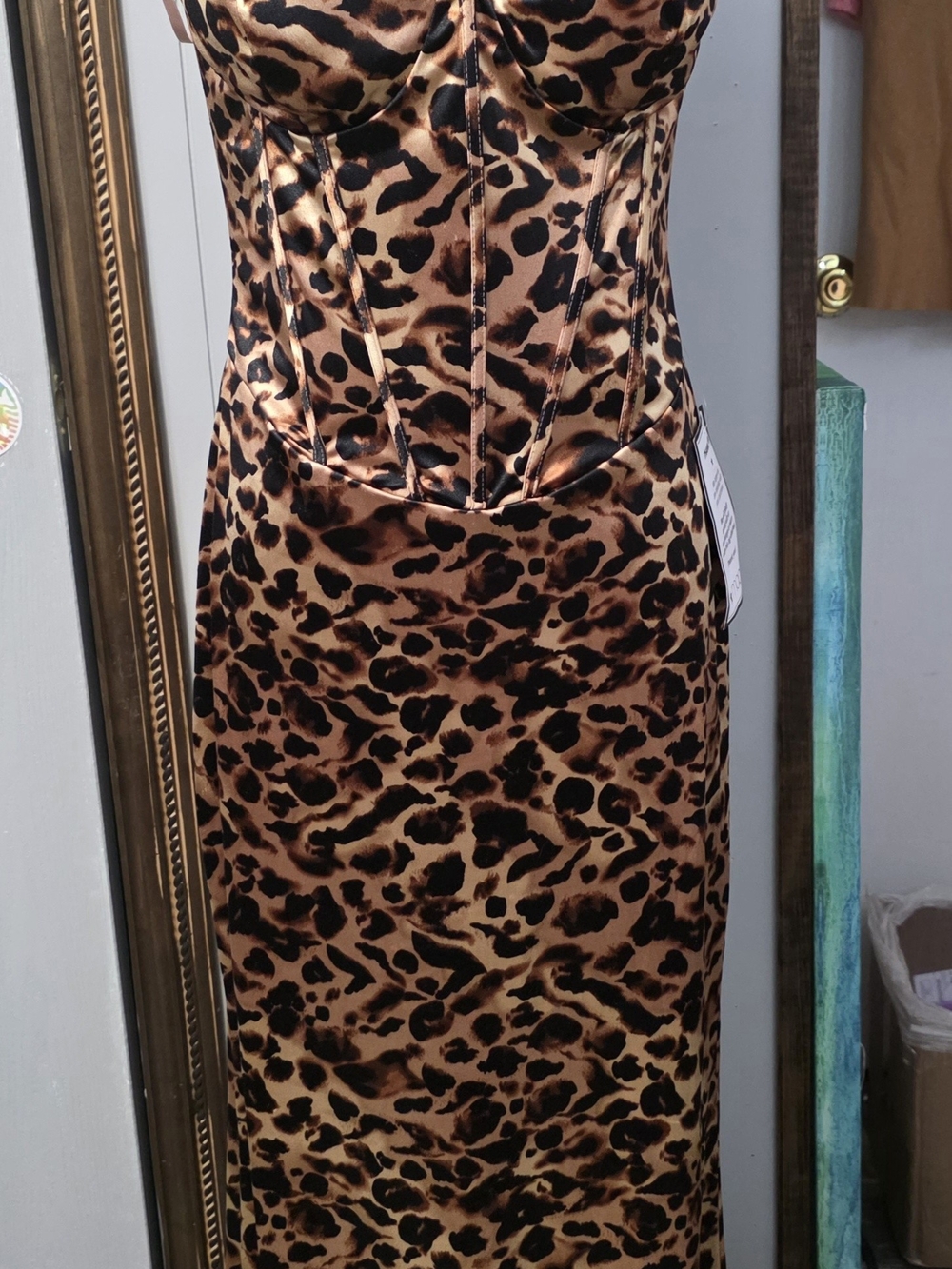 Macy's Leopard-Print Satin Maxi Dress in Brown and Black Lined
